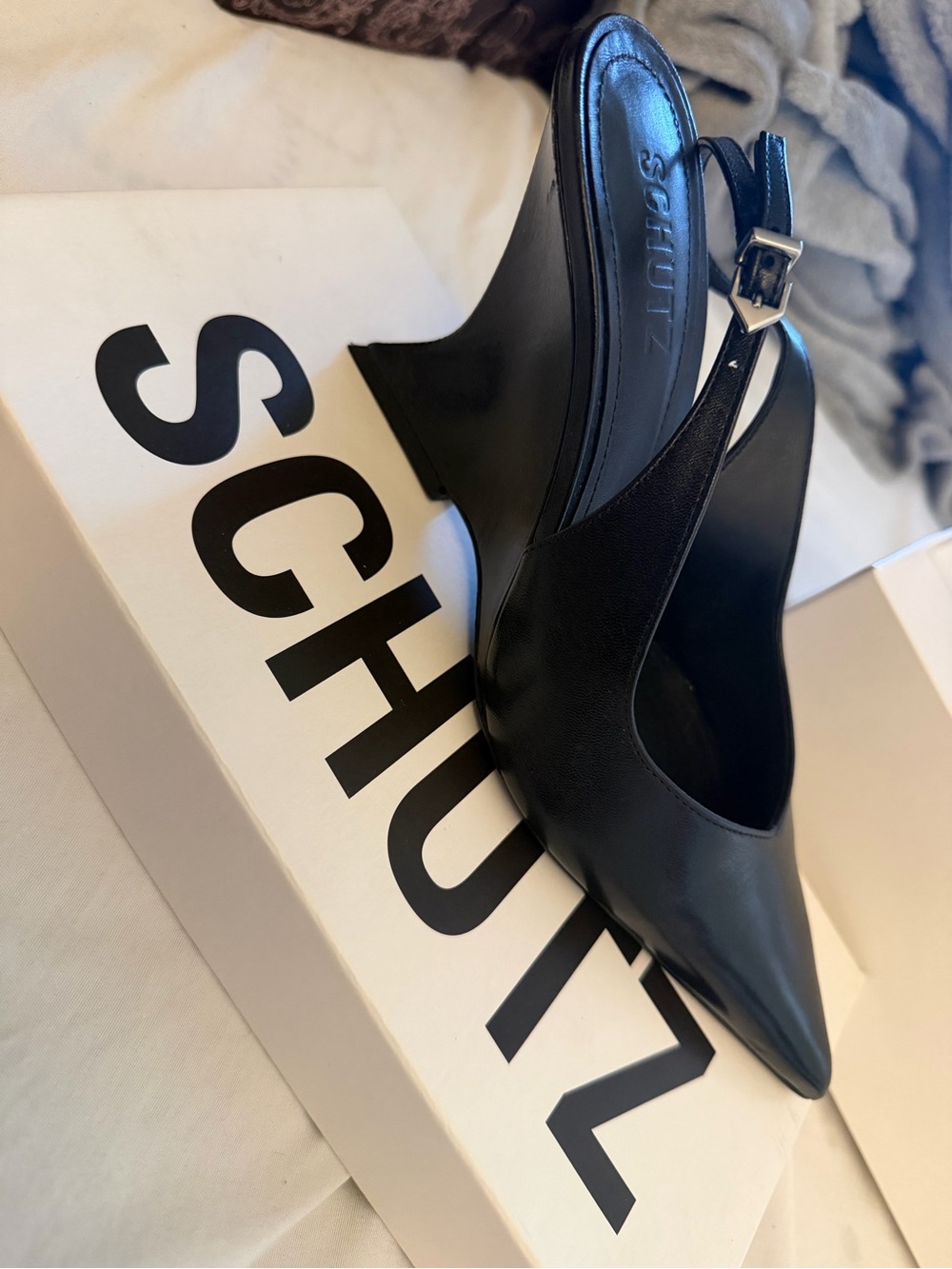 Schutz Black Leather Pointed Toe Slingback Wedge Heel